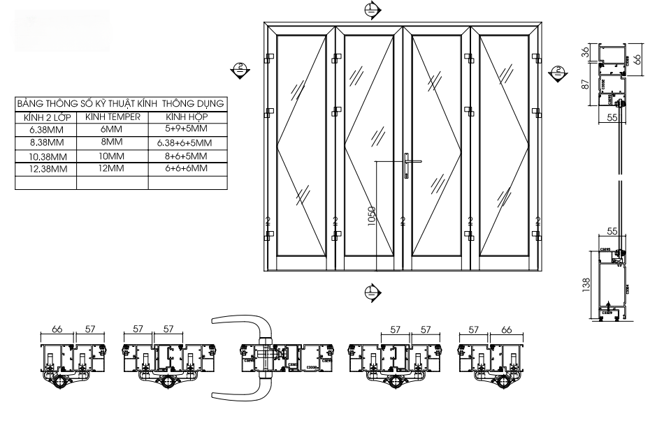 Thông số kỹ thuật cửa đi nhôm Xingfa xếp trượt 4 cánh 