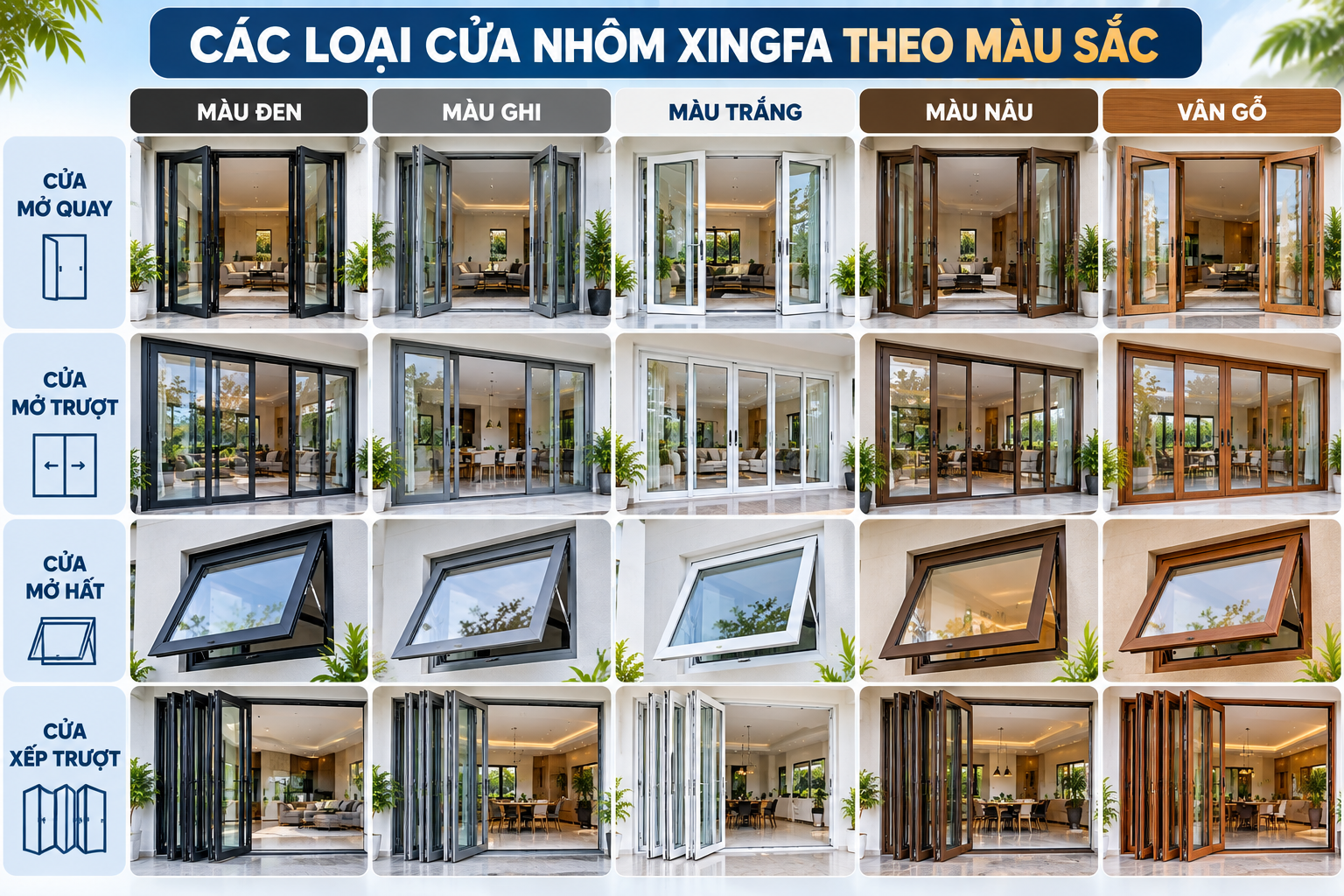 cửa nhôm Xingfa chia theo màu sắc và kiểu mở