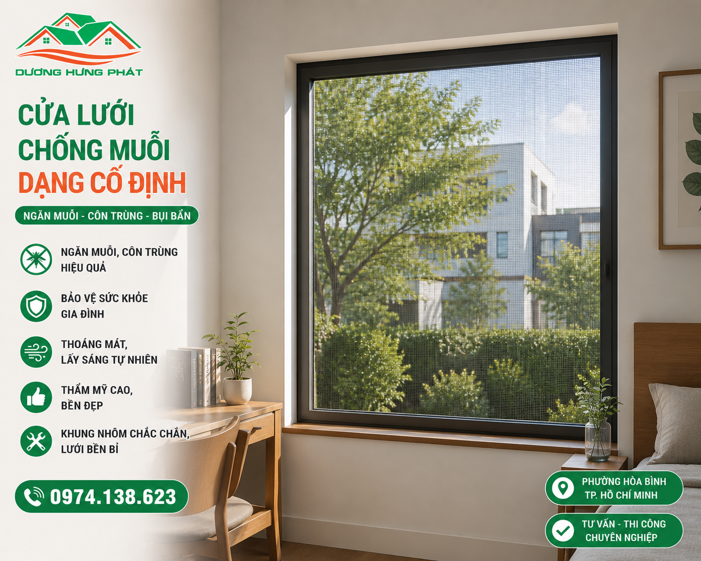 Cửa lưới chống muỗi dạng cố định tại phường Hòa Bình, TP.HCM