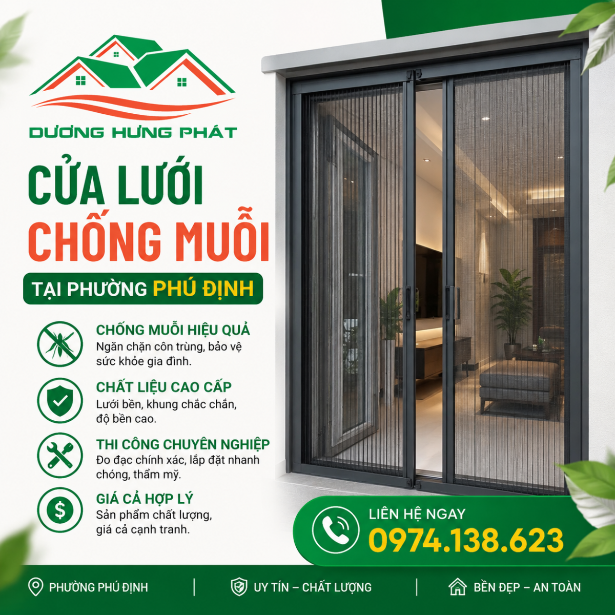 Lắp đặt cửa lưới uy tín, chât lượng tại phường Phú Định