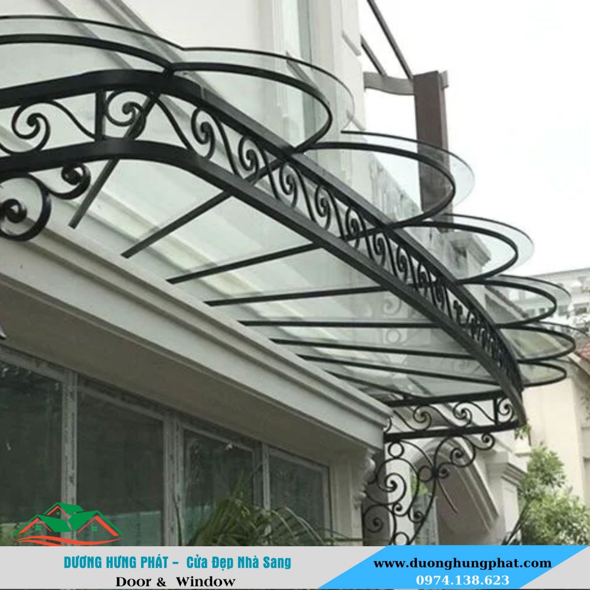 mái che kính cường lực khung sắt nghệ thuật