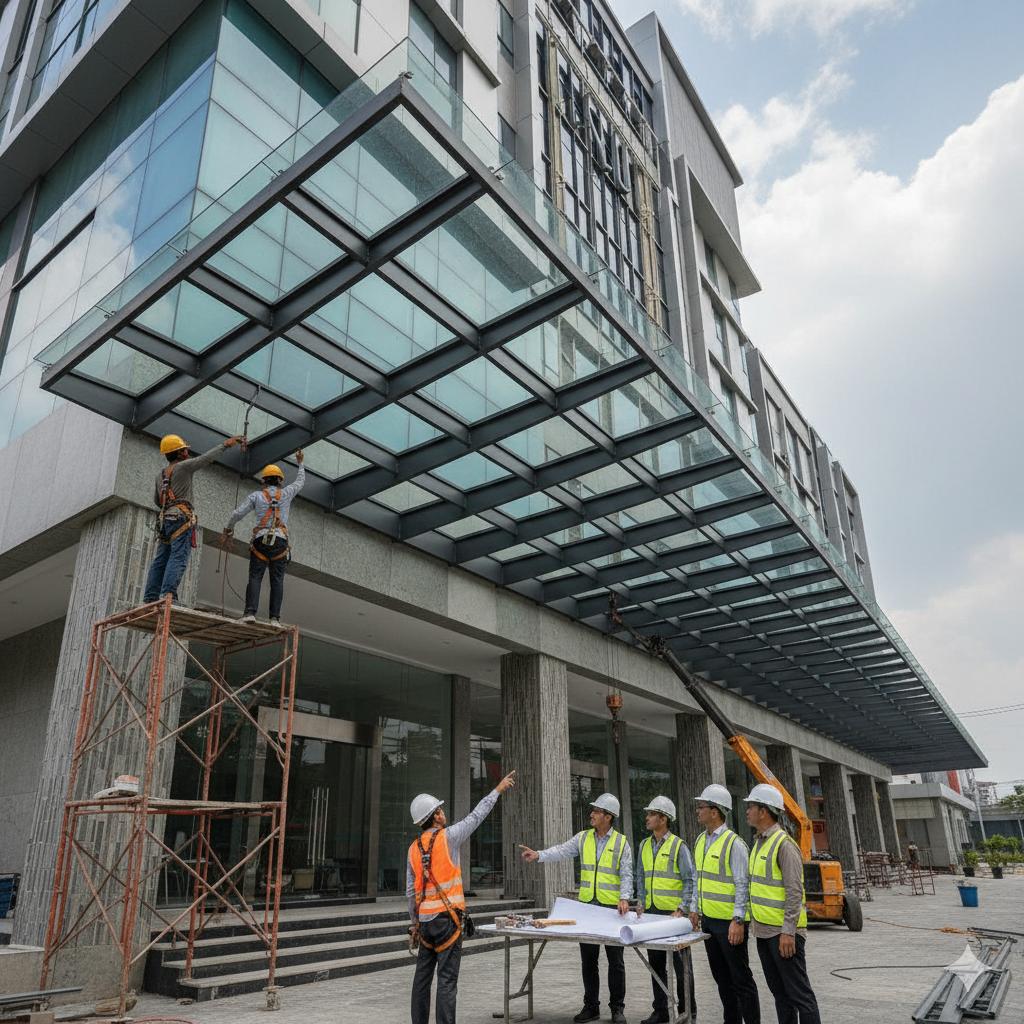 thi công mái che kính cường lực Tân Phú