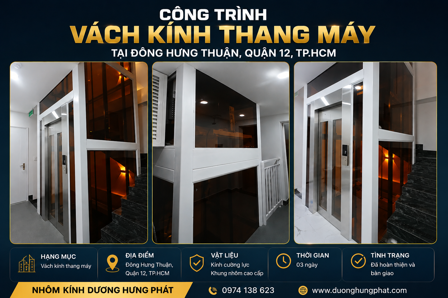 thi công vách kính thang  máy tại Đồng Hưng Thuận Quận 12 TP.HCM
